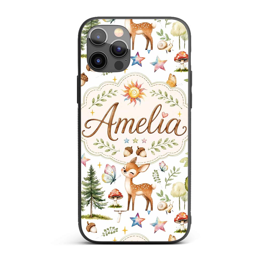 Watercolor Forest Animals Deer Owl Mushrooms Custom Name Protective Phone Case Mobile Cover Durable Everyday Smartphone Shock Resistant