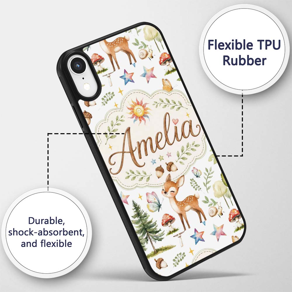 Watercolor Forest Animals Deer Owl Mushrooms Custom Name Protective Phone Case Mobile Cover Durable Everyday Smartphone Shock Resistant