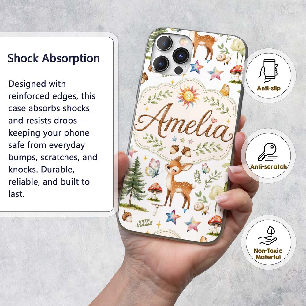 Watercolor Forest Animals Deer Owl Mushrooms Custom Name Protective Phone Case Mobile Cover Durable Everyday Smartphone Shock Resistant