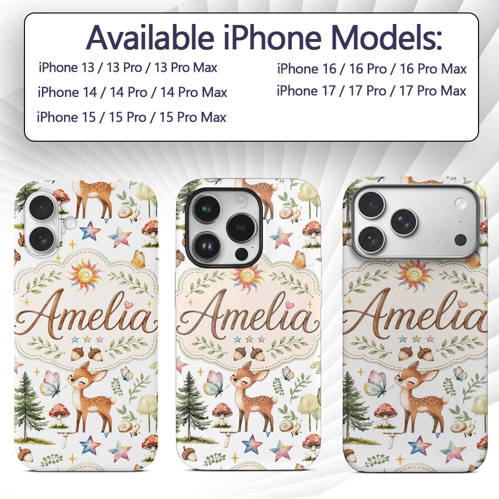 Watercolor Forest Animals Deer Owl Mushrooms Custom Name Protective Phone Case Mobile Cover Durable Everyday Smartphone Shock Resistant
