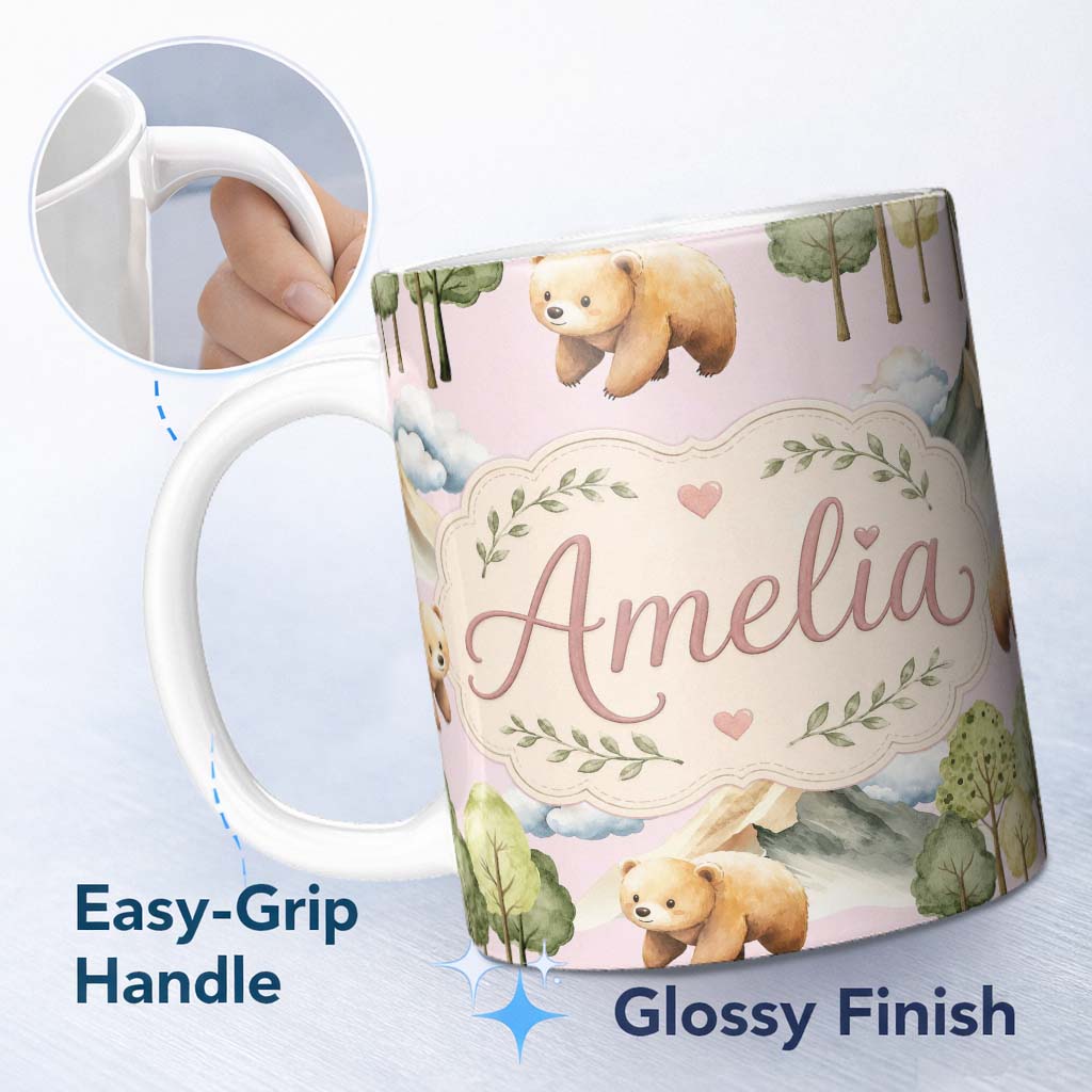 Personalized Custom Name Watercolor Woodland Bears Trees Mountains Seamless Pattern Pink 11oz Ceramic Coffee Tea Mug White Large Handle
