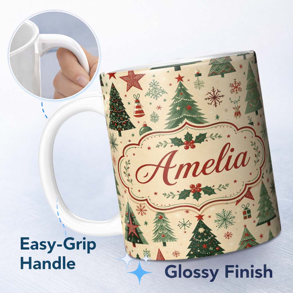 Personalized Custom Name Christmas Trees Stars Snowflakes Holiday Seamless Pattern Lovely 11oz Ceramic Coffee Tea Mug White Large Handle