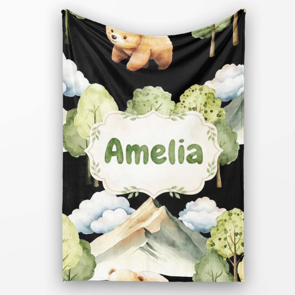 Watercolor Woodland Bear Trees Mountains Seamless Pattern Black Personalised Custom Name Super Soft Fleece Blanket Bed Sofa Throw