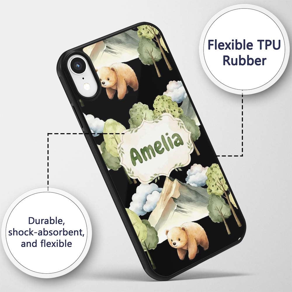 Watercolor Woodland Bear Trees Mountains Seamless Custom Name Protective Phone Case Mobile Cover Durable Everyday Smartphone Shock Resistant