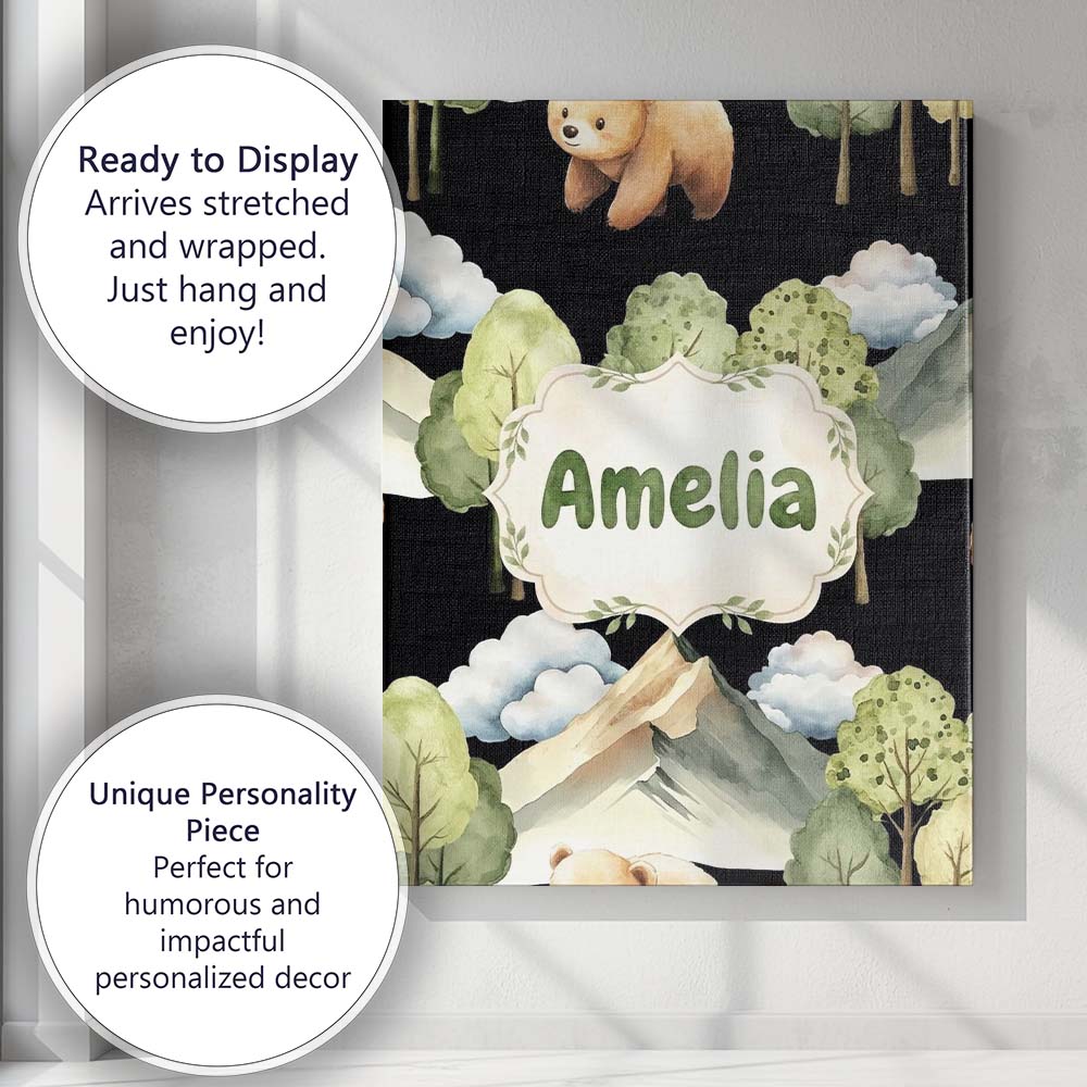Personalised Name Watercolor Woodland Bear Custom Unique Gift Idea Elegant Feature Canvas Wall Art Print Decor Picture Ready to Hang