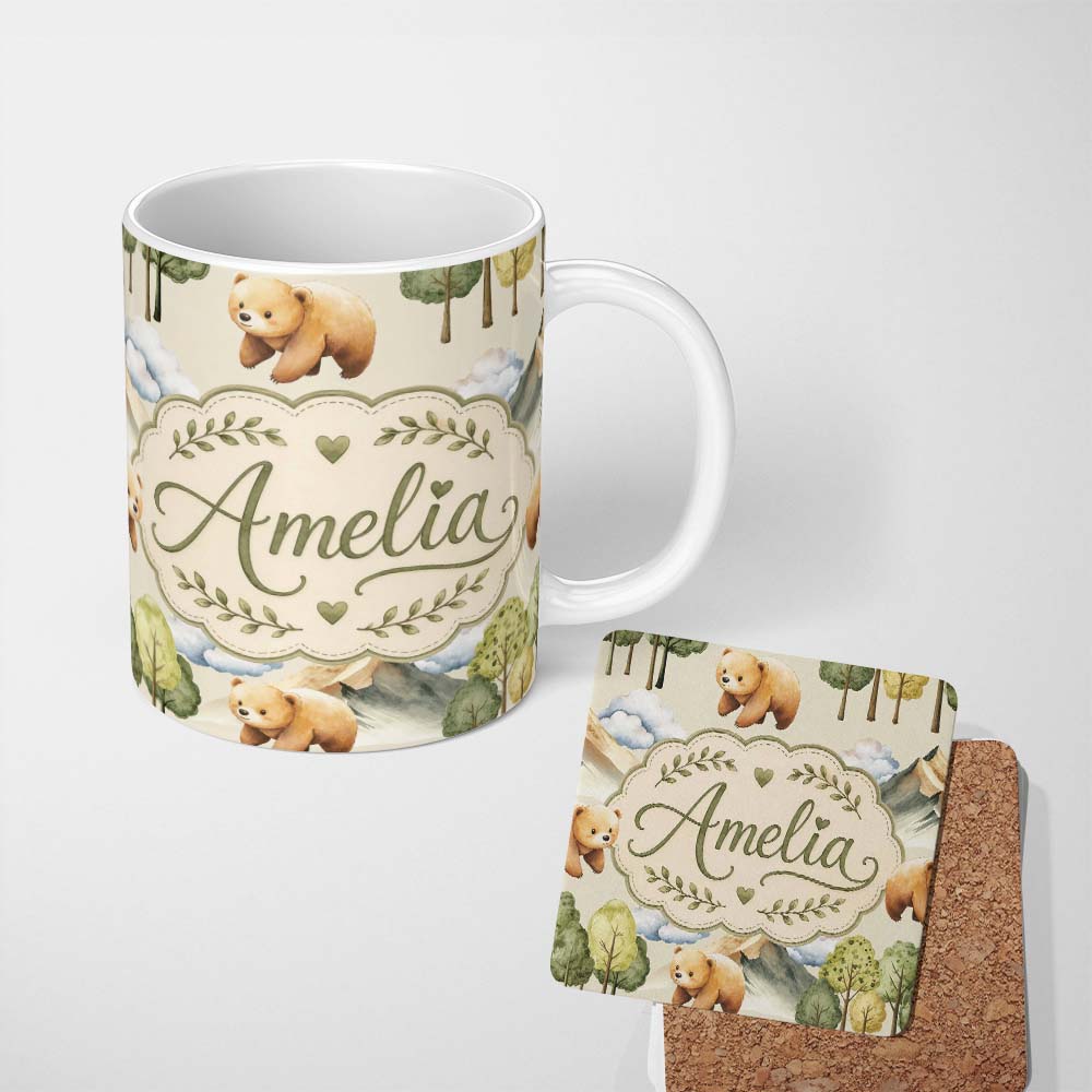 Personalized Custom Name Watercolor Woodland Bear Trees Mountains Seamless Pattern Soft 11oz Ceramic Coffee Tea Mug White Large Handle