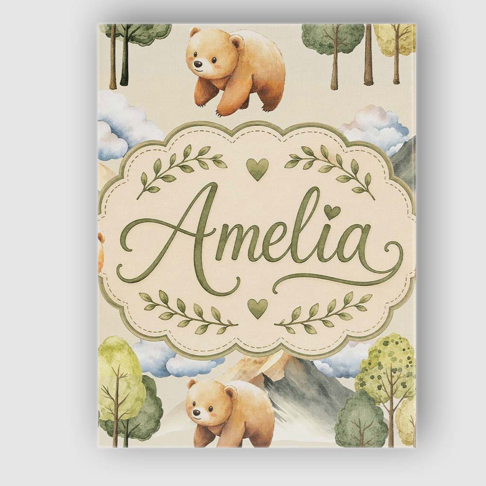Personalised Name Watercolor Woodland Bear Custom Unique Gift Idea Elegant Feature Canvas Wall Art Print Decor Picture Ready to Hang