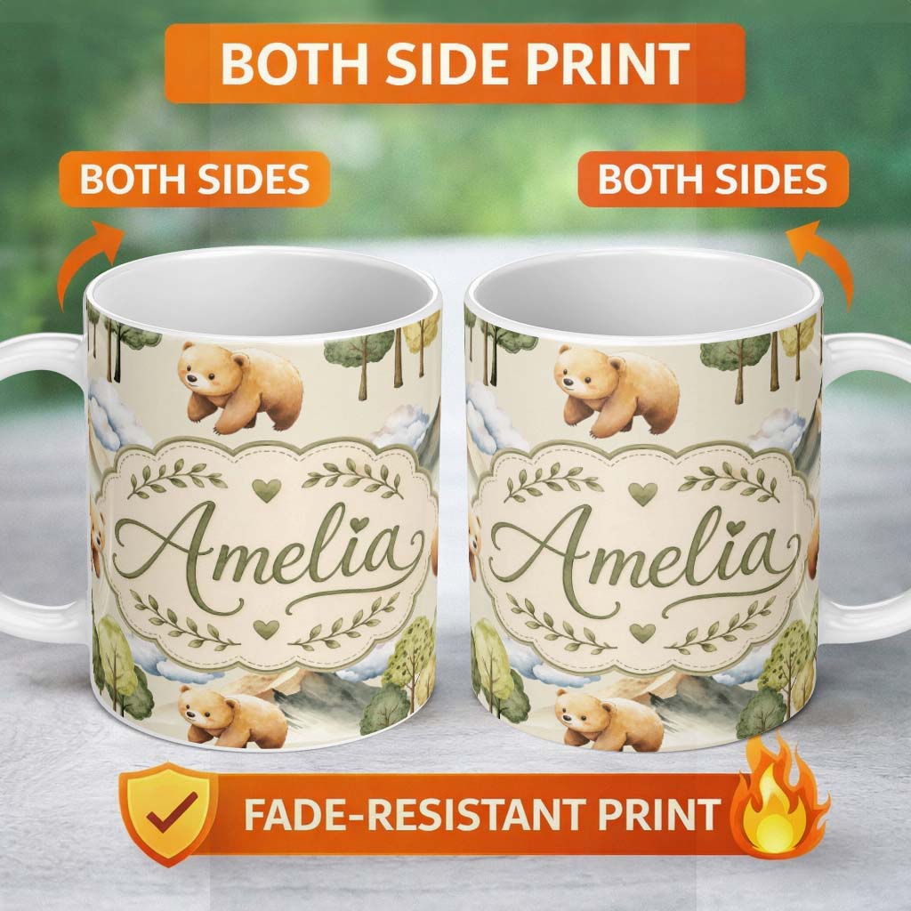 Personalized Custom Name Watercolor Woodland Bear Trees Mountains Seamless Pattern Soft 11oz Ceramic Coffee Tea Mug White Large Handle