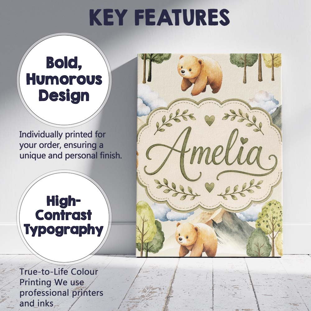 Personalised Name Watercolor Woodland Bear Custom Unique Gift Idea Elegant Feature Canvas Wall Art Print Decor Picture Ready to Hang