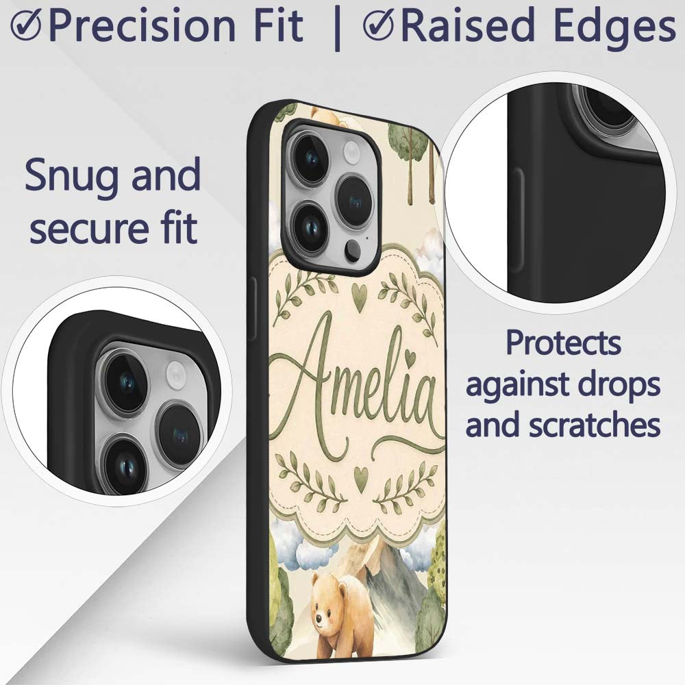 Watercolor Woodland Bear Trees Mountains Seamless Custom Name Protective Phone Case Mobile Cover Durable Everyday Smartphone Shock Resistant