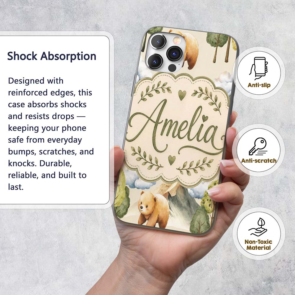 Watercolor Woodland Bear Trees Mountains Seamless Custom Name Protective Phone Case Mobile Cover Durable Everyday Smartphone Shock Resistant