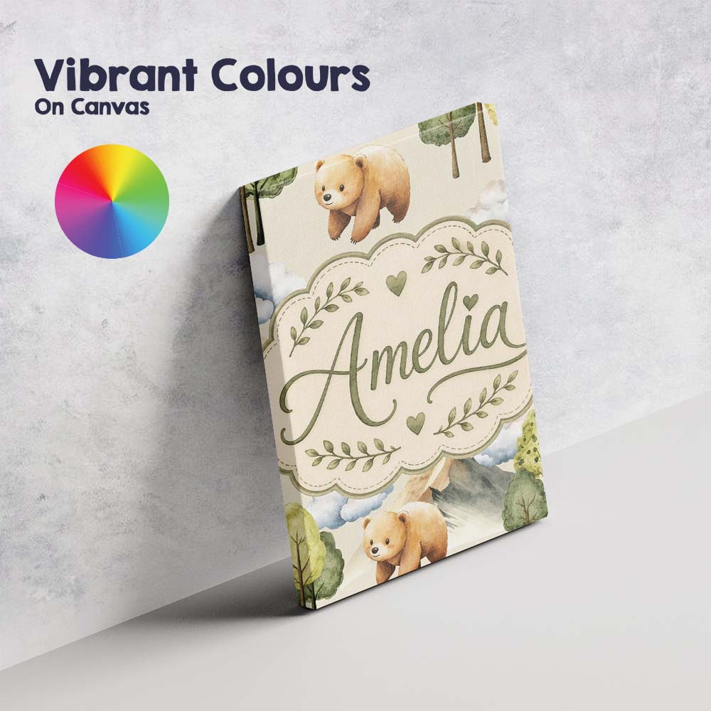Personalised Name Watercolor Woodland Bear Custom Unique Gift Idea Elegant Feature Canvas Wall Art Print Decor Picture Ready to Hang