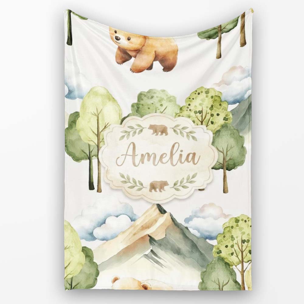 Watercolor Woodland Bear Trees Mountains Seamless Pattern Light Personalised Custom Name Super Soft Fleece Blanket Bed Sofa Throw