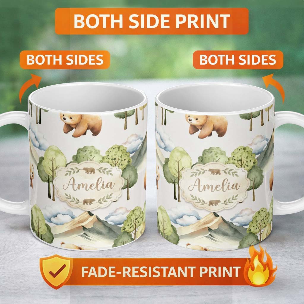 Personalized Custom Name Watercolor Woodland Bear Trees Mountains Seamless Pattern Light 11oz Ceramic Coffee Tea Mug White Large Handle