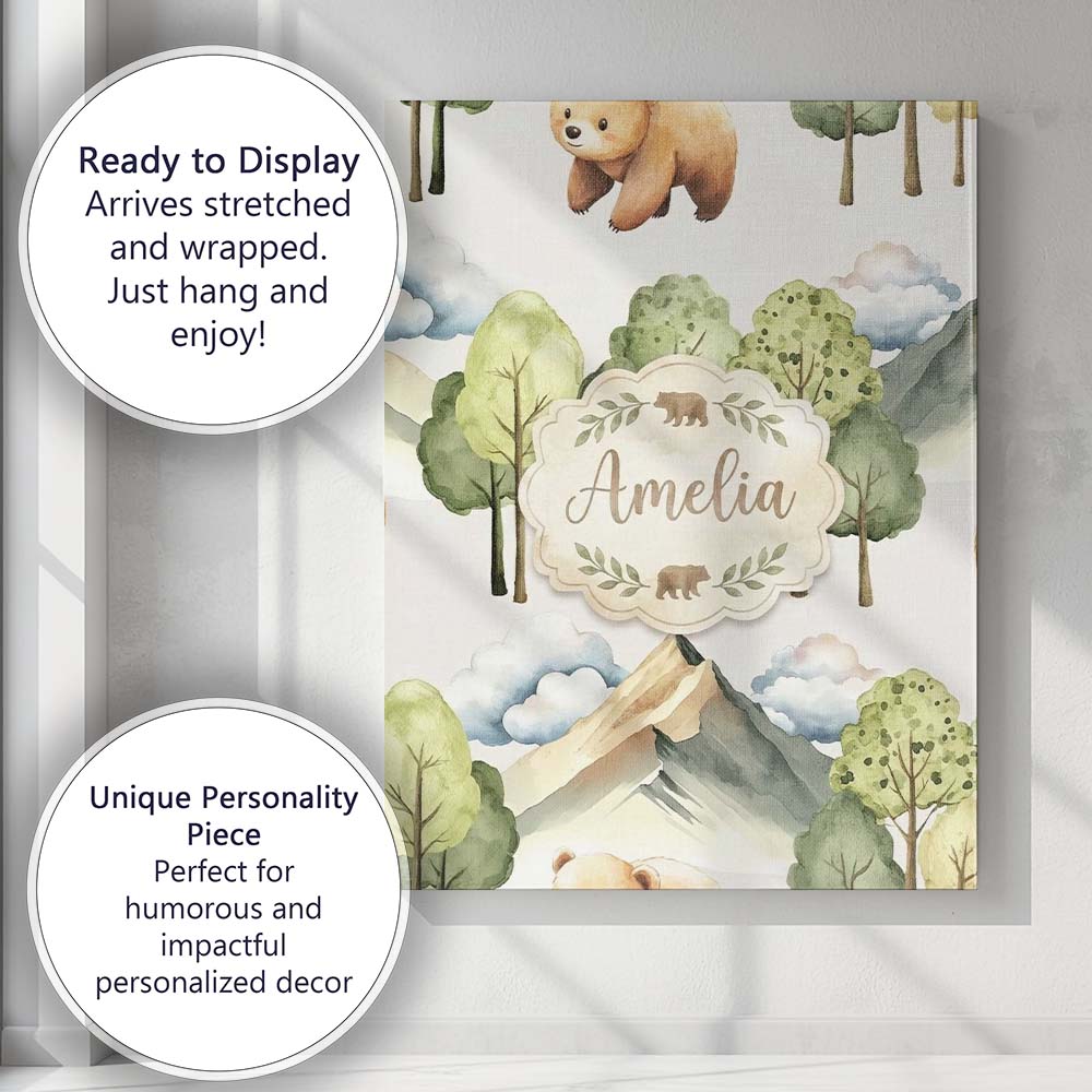 Personalised Name Watercolor Woodland Bear Custom Unique Gift Idea Elegant Feature Canvas Wall Art Print Decor Picture Ready to Hang