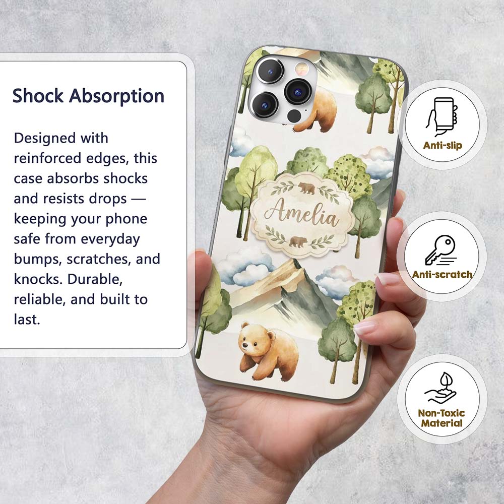 Watercolor Woodland Bear Trees Mountains Seamless Custom Name Protective Phone Case Mobile Cover Durable Everyday Smartphone Shock Resistant
