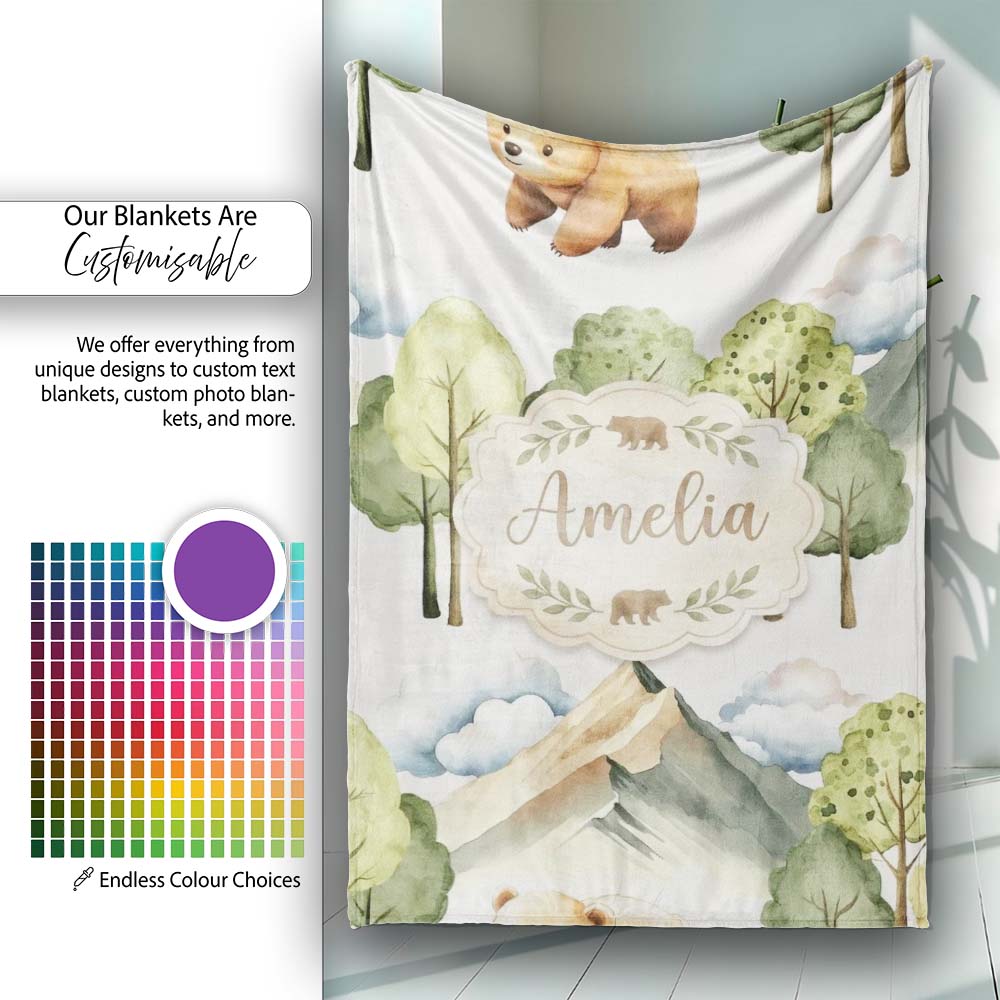 Watercolor Woodland Bear Trees Mountains Seamless Pattern Light Personalised Custom Name Super Soft Fleece Blanket Bed Sofa Throw