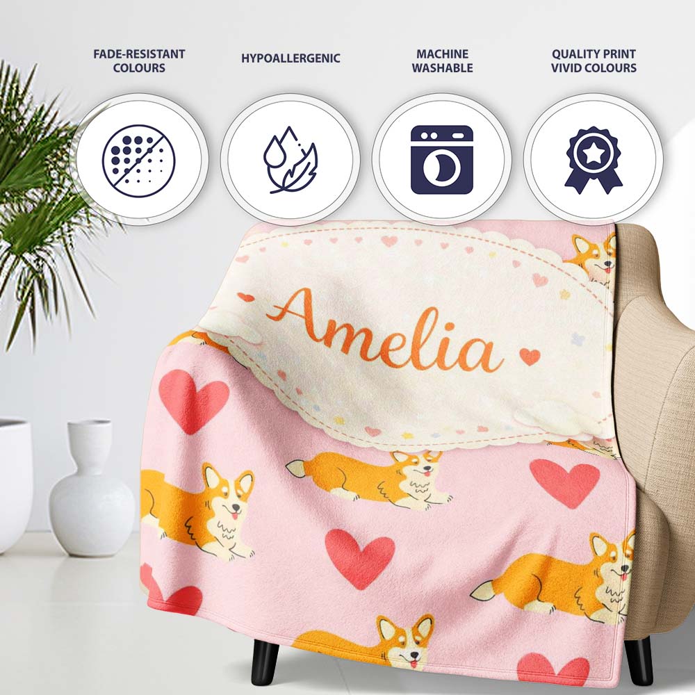 Playful Corgi Dogs Heart Seamless Pattern Perfect Gift for Her Personalised Custom Name Super Soft Fleece Blanket Bed Sofa Throw