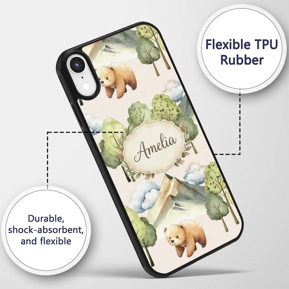 Watercolor Woodland Bear Trees Mountains Seamless Custom Name Protective Phone Case Mobile Cover Durable Everyday Smartphone Shock Resistant