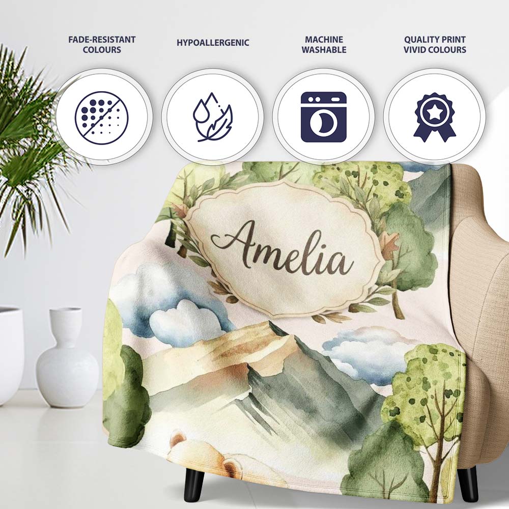 Watercolor Woodland Bear Trees Mountains Seamless Pattern Warm Personalised Custom Name Super Soft Fleece Blanket Bed Sofa Throw