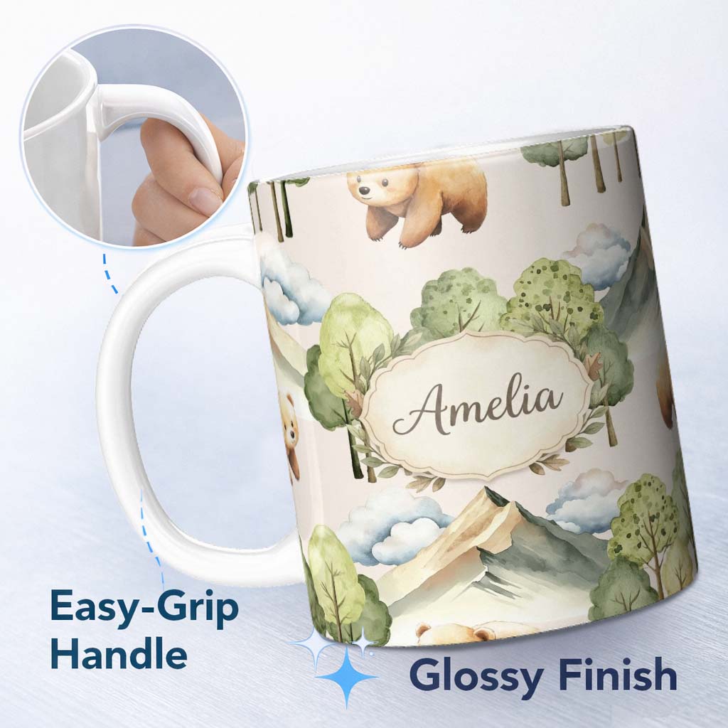 Personalized Custom Name Watercolor Woodland Bear Trees Mountains Seamless Pattern Warm 11oz Ceramic Coffee Tea Mug White Large Handle