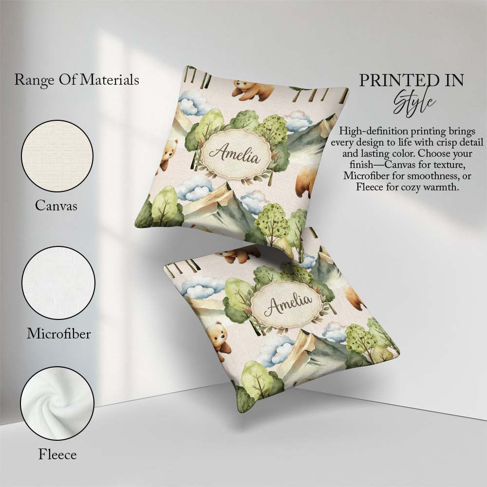 Custom Name Watercolor Woodland Bear Trees Seamless Pattern Warm Square Filled Cushion Throw Pillow Sofa Bed Home Decor Zip Washable UK Made