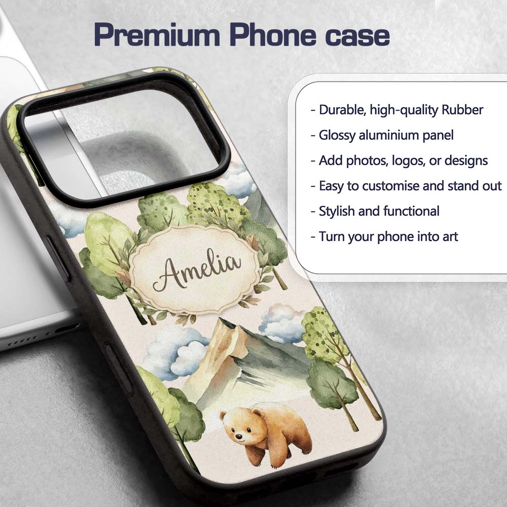 Watercolor Woodland Bear Trees Mountains Seamless Custom Name Protective Phone Case Mobile Cover Durable Everyday Smartphone Shock Resistant