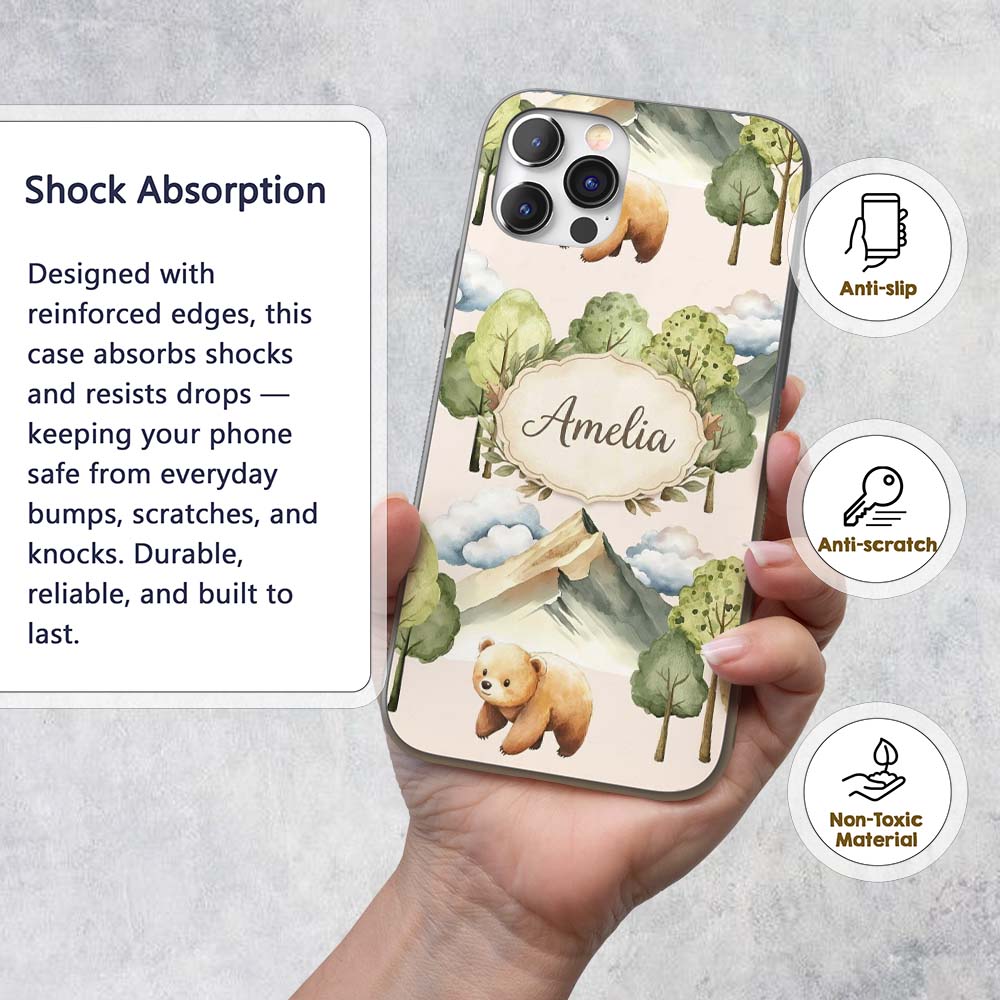 Watercolor Woodland Bear Trees Mountains Seamless Custom Name Protective Phone Case Mobile Cover Durable Everyday Smartphone Shock Resistant