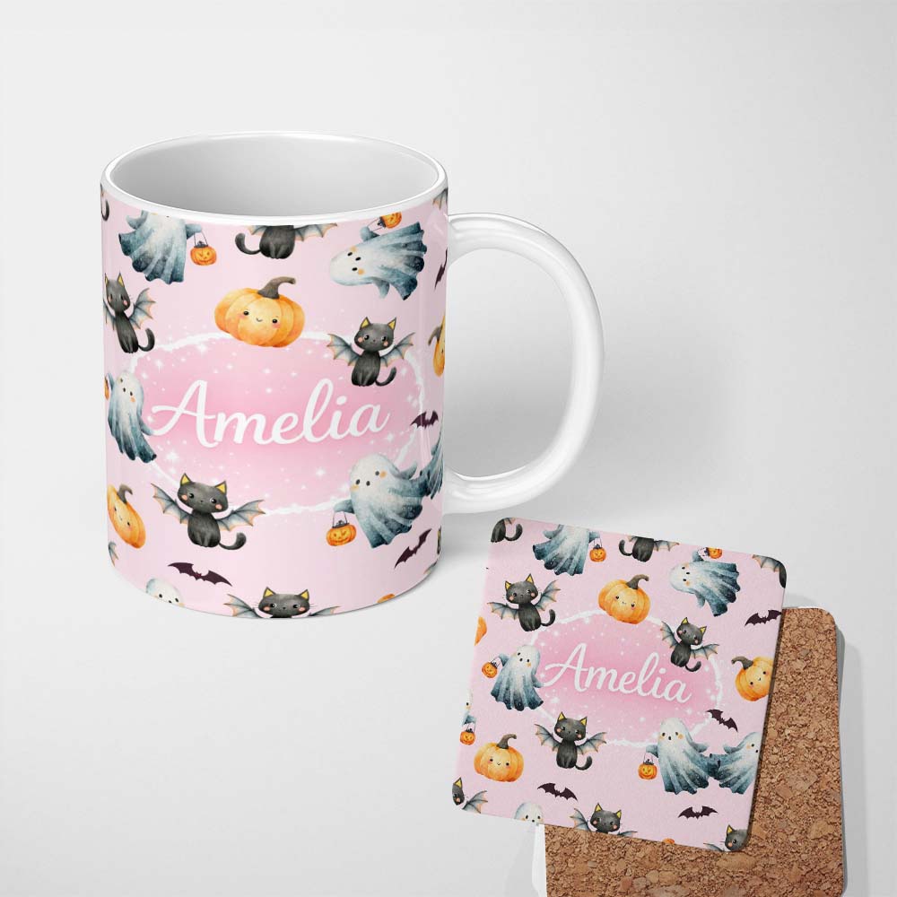 Personalized Custom Name Halloween Ghost Pumpkin Cat Seamless Pattern Pink Cute Spooky Design 11oz Ceramic Coffee Tea Mug White Large Handle
