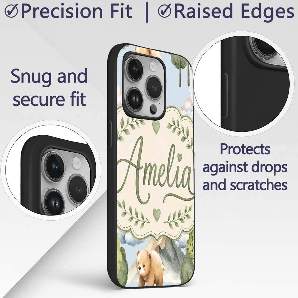 Watercolor Woodland Bear Trees Mountains Seamless Custom Name Protective Phone Case Mobile Cover Durable Everyday Smartphone Shock Resistant