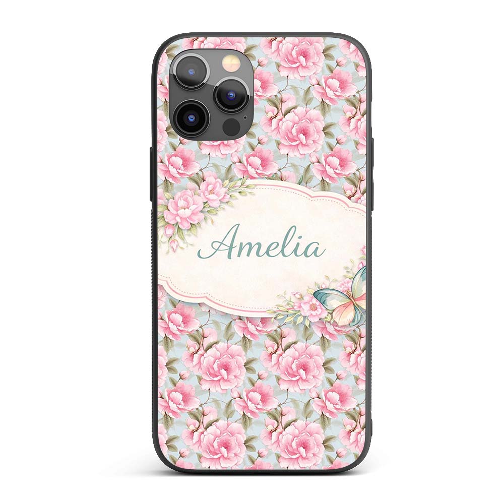 Pastel Pink Peony Floral Light Blue Background Custom Name Protective Phone Case Mobile Cover Durable Everyday Smartphone Shock Resistant