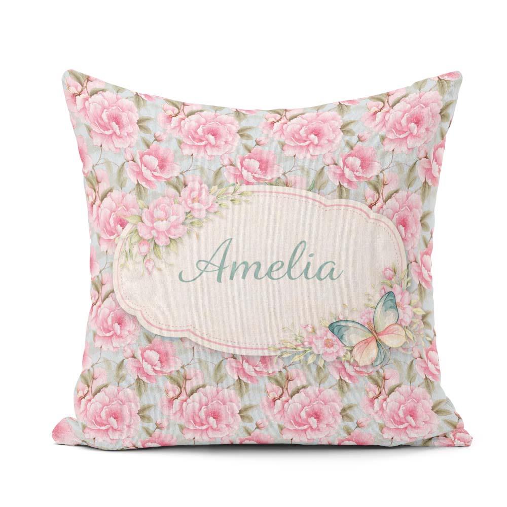 Custom Name Pastel Pink Peony Floral Light Blue Seamless Pattern Square Filled Cushion Throw Pillow Sofa Bed Home Decor Zip Washable UK Made