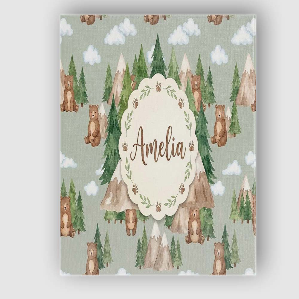 Personalised Name Watercolor Woodland Bear Custom Unique Gift Idea Elegant Feature Canvas Wall Art Print Decor Picture Ready to Hang