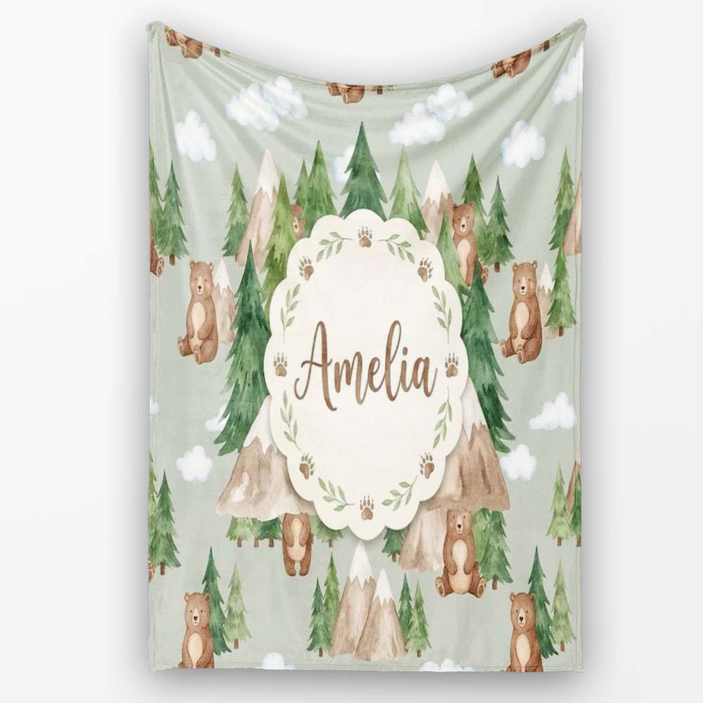 Watercolor Woodland Bear Trees Mountains Seamless Pattern Sage Personalised Custom Name Super Soft Fleece Blanket Bed Sofa Throw