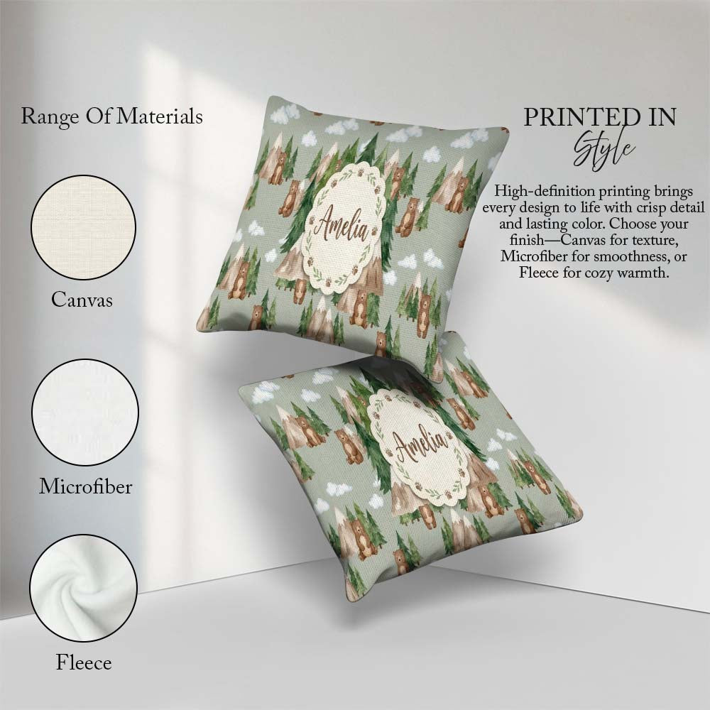 Custom Name Watercolor Woodland Bear Trees Seamless Pattern Sage Square Filled Cushion Throw Pillow Sofa Bed Home Decor Zip Washable UK Made