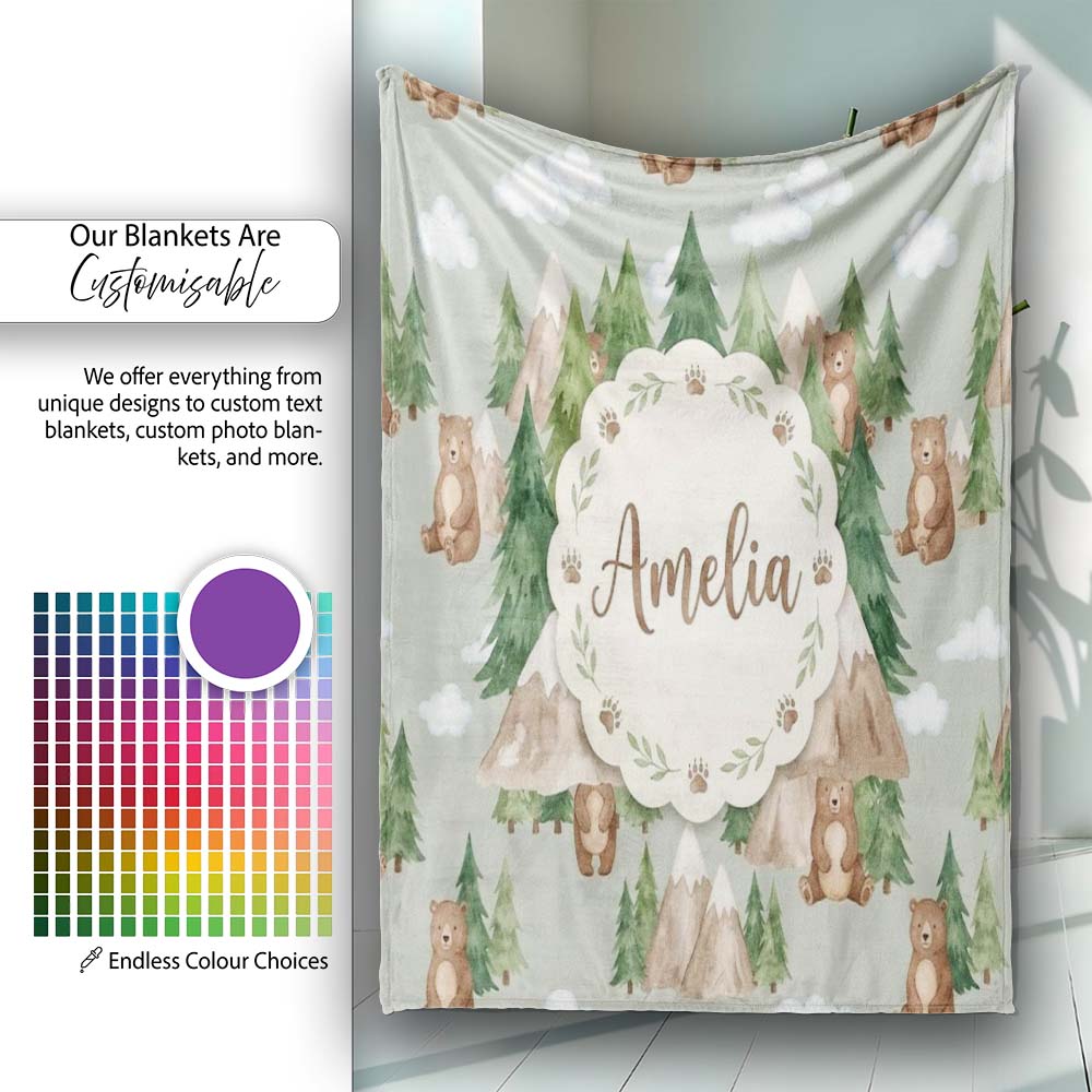 Watercolor Woodland Bear Trees Mountains Seamless Pattern Sage Personalised Custom Name Super Soft Fleece Blanket Bed Sofa Throw