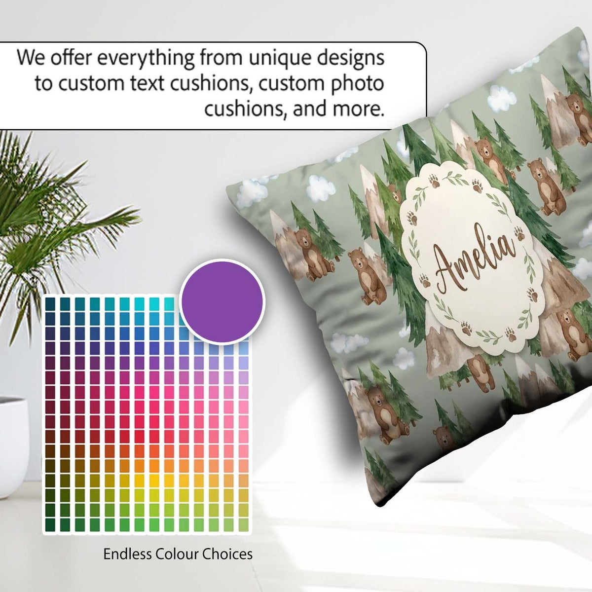 Custom Name Watercolor Woodland Bear Trees Seamless Pattern Sage Square Filled Cushion Throw Pillow Sofa Bed Home Decor Zip Washable UK Made