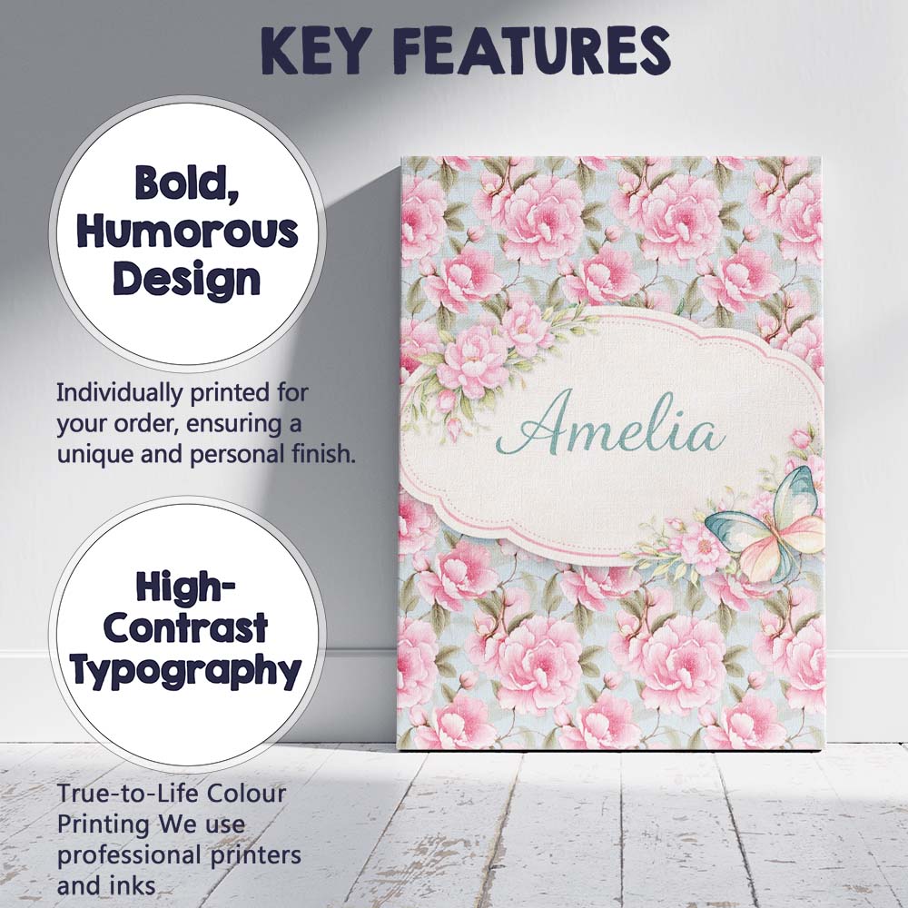 Personalised Name Pastel Pink Peony Floral Light Blue Background Custom Interior Canvas Wall Art Print Decor Picture Ready to Hang