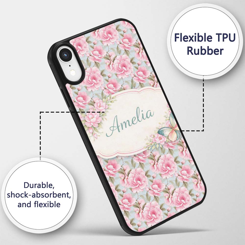 Pastel Pink Peony Floral Light Blue Background Custom Name Protective Phone Case Mobile Cover Durable Everyday Smartphone Shock Resistant