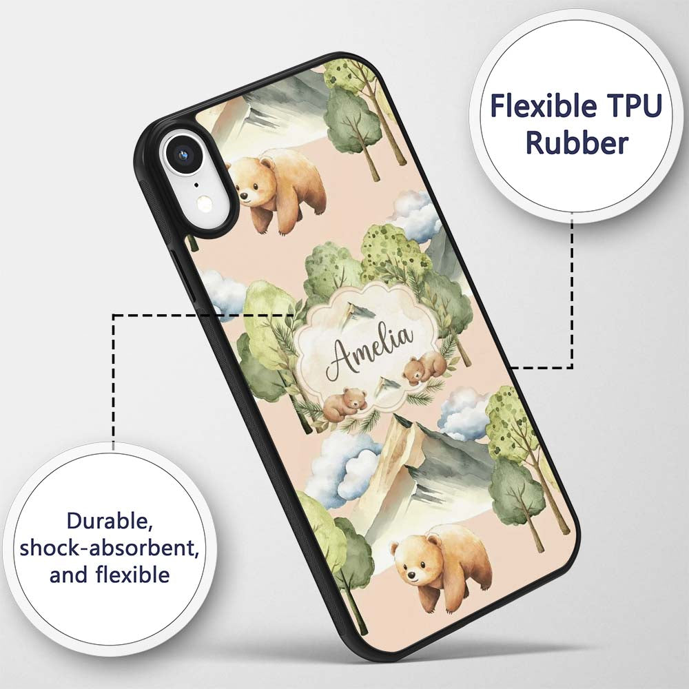 Watercolor Woodland Bear Trees Mountains Seamless Custom Name Protective Phone Case Mobile Cover Durable Everyday Smartphone Shock Resistant