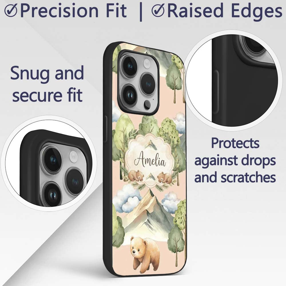 Watercolor Woodland Bear Trees Mountains Seamless Custom Name Protective Phone Case Mobile Cover Durable Everyday Smartphone Shock Resistant