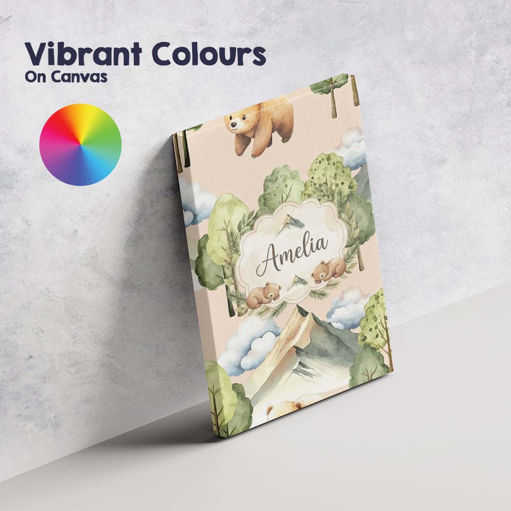 Personalised Name Watercolor Woodland Bear Custom Unique Gift Idea Elegant Feature Canvas Wall Art Print Decor Picture Ready to Hang