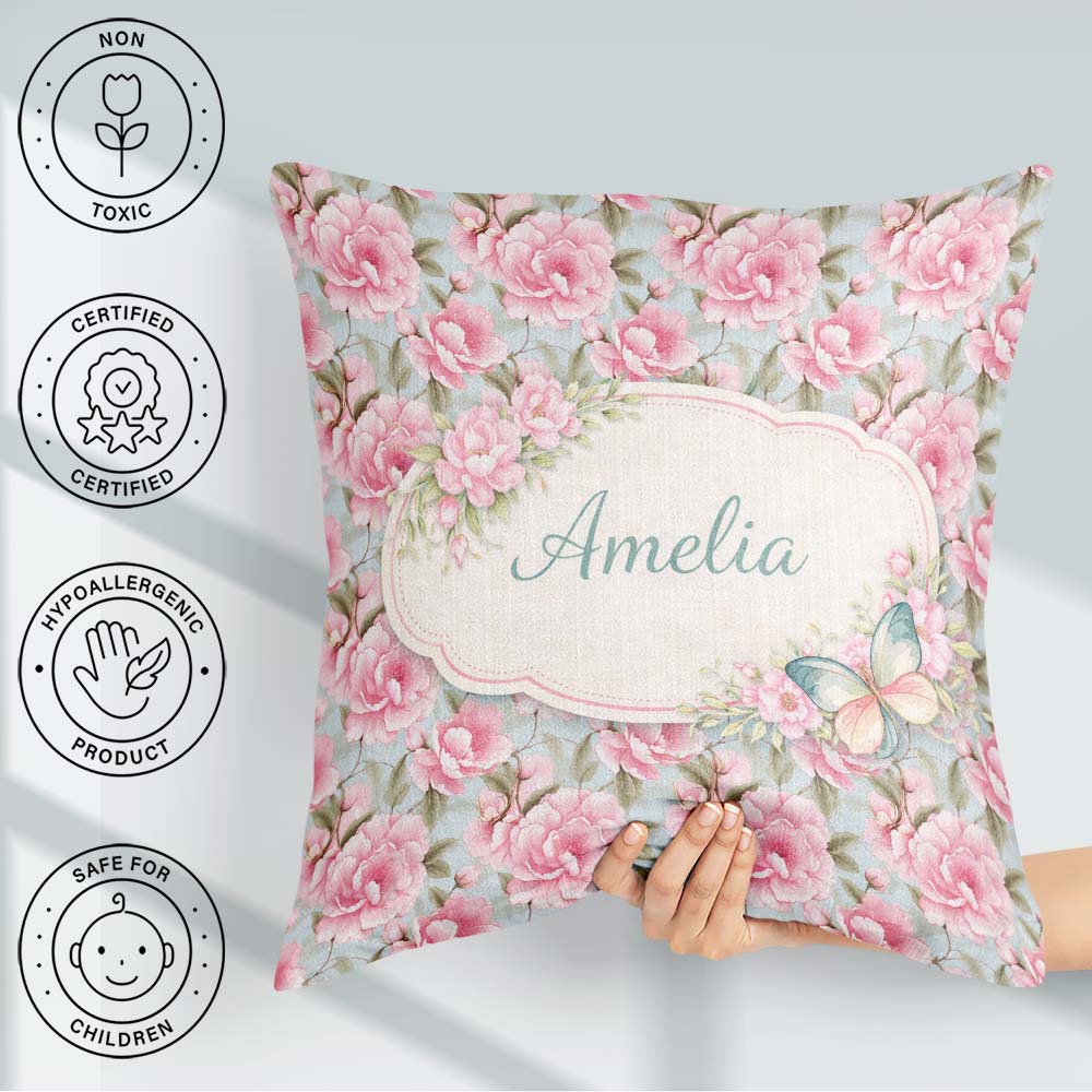 Custom Name Pastel Pink Peony Floral Light Blue Seamless Pattern Square Filled Cushion Throw Pillow Sofa Bed Home Decor Zip Washable UK Made