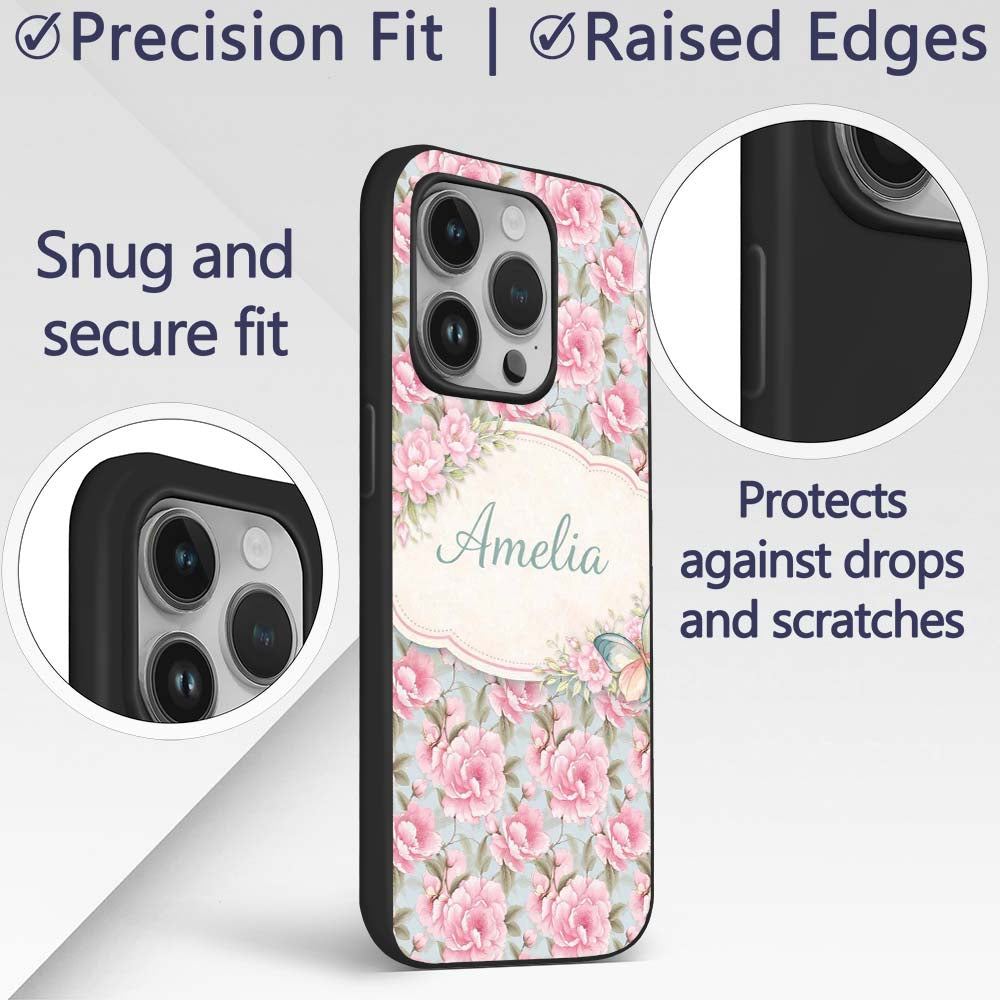 Pastel Pink Peony Floral Light Blue Background Custom Name Protective Phone Case Mobile Cover Durable Everyday Smartphone Shock Resistant