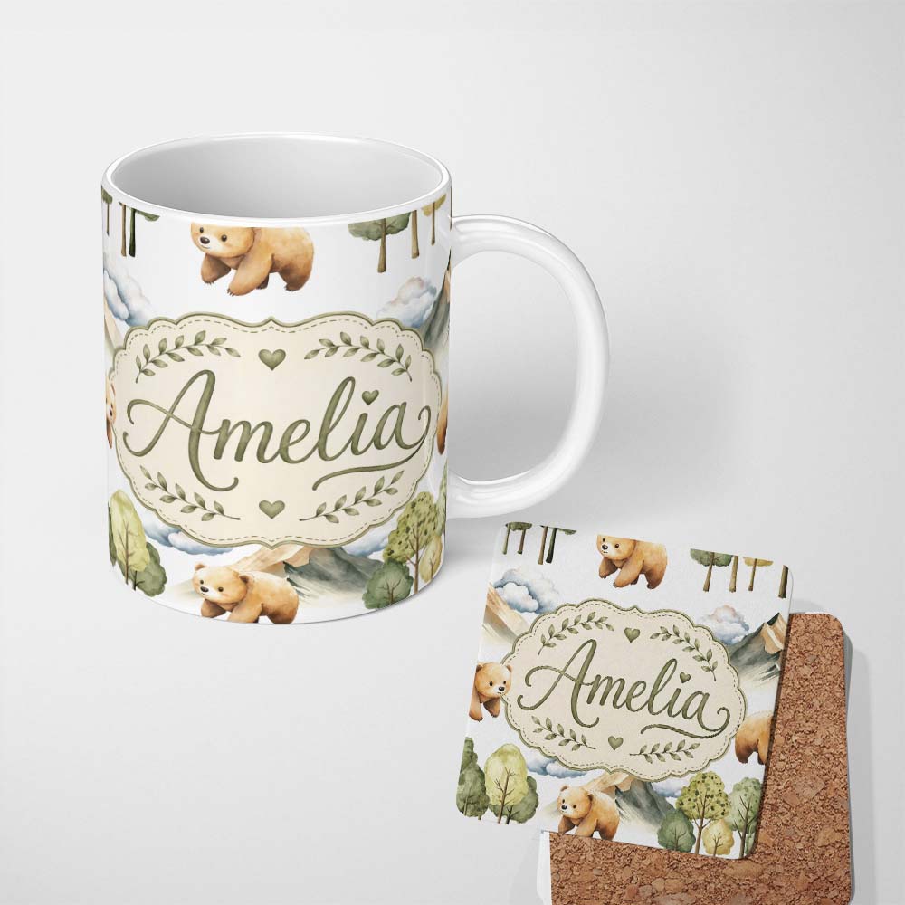 Personalized Custom Name Watercolor Woodland Bear Trees Mountains Seamless Pattern Pale Grey 11oz Ceramic Coffee Tea Mug White Large Handle