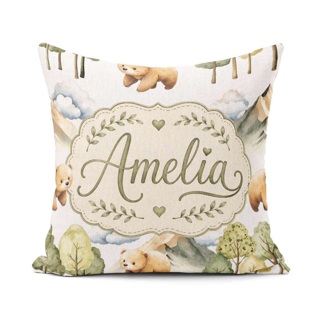 Custom Name Watercolor Woodland Bear Trees Seamless Pattern Pale Square Filled Cushion Throw Pillow Sofa Bed Home Decor Zip Washable UK Made