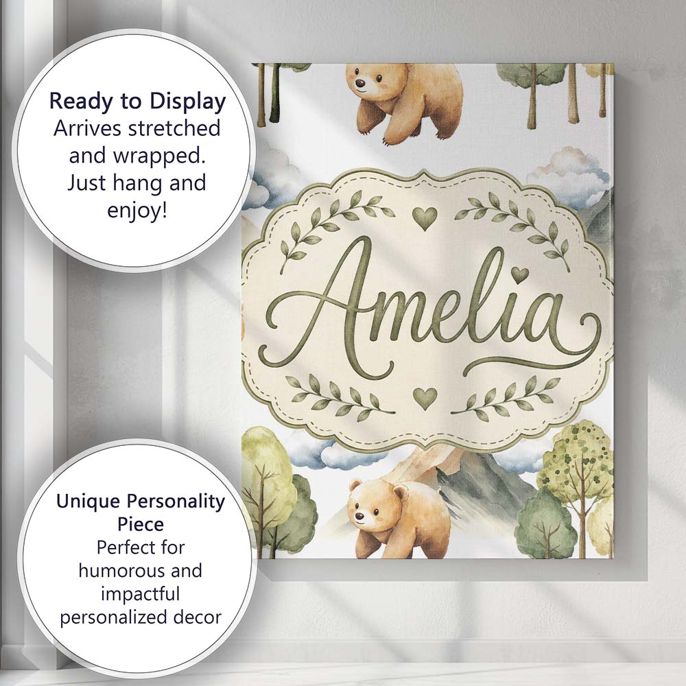 Personalised Name Watercolor Woodland Bear Custom Unique Gift Idea Elegant Feature Canvas Wall Art Print Decor Picture Ready to Hang