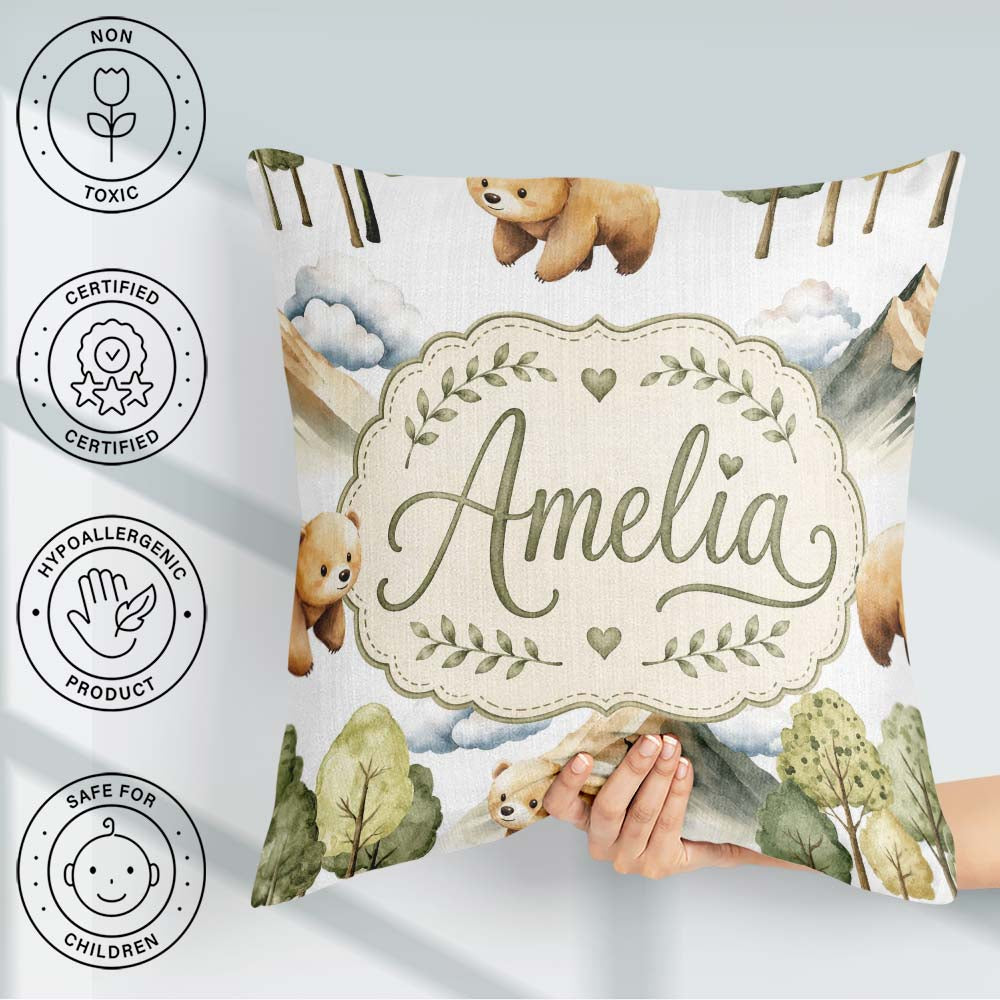 Custom Name Watercolor Woodland Bear Trees Seamless Pattern Pale Square Filled Cushion Throw Pillow Sofa Bed Home Decor Zip Washable UK Made