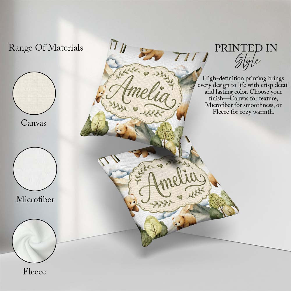 Custom Name Watercolor Woodland Bear Trees Seamless Pattern Pale Square Filled Cushion Throw Pillow Sofa Bed Home Decor Zip Washable UK Made