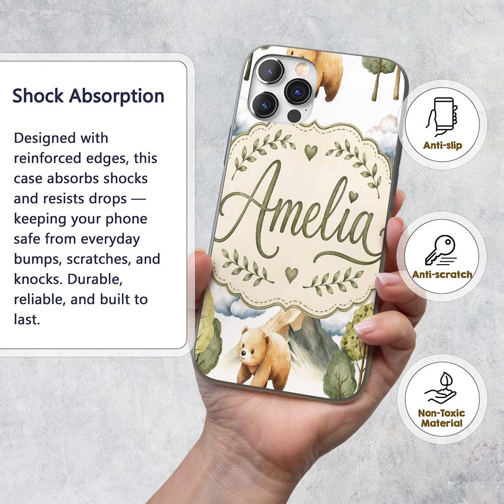 Watercolor Woodland Bear Trees Mountains Seamless Custom Name Protective Phone Case Mobile Cover Durable Everyday Smartphone Shock Resistant